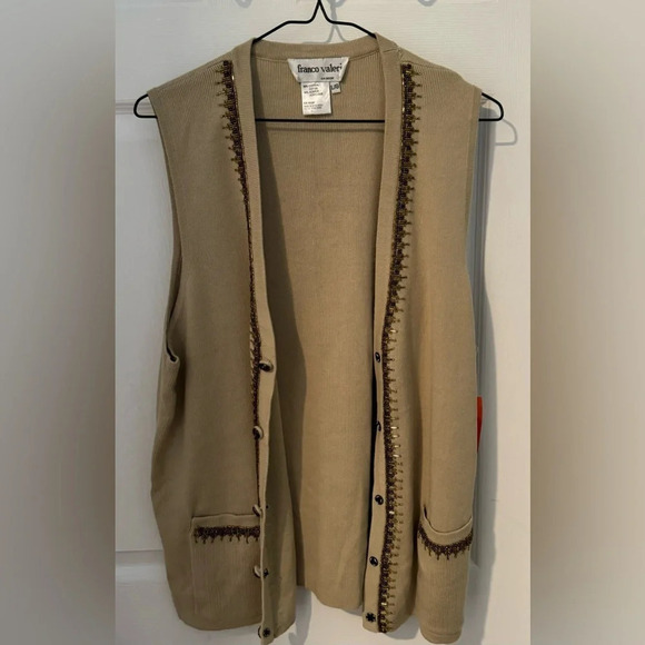 NWT Vintage FRANCO VALERI Embellished beaded cotton pockets knit lomg vest USL - Picture 3 of 5